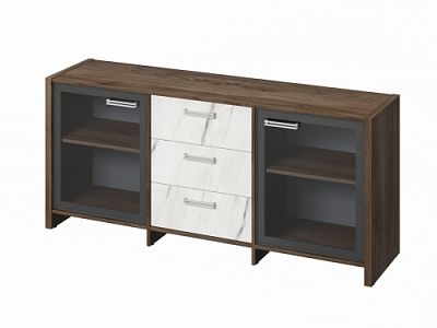 Тумба трехсекционная с 2 дверьми FI-13-02.G. Орех Пацифик Табак/Мрамор Леванто белый